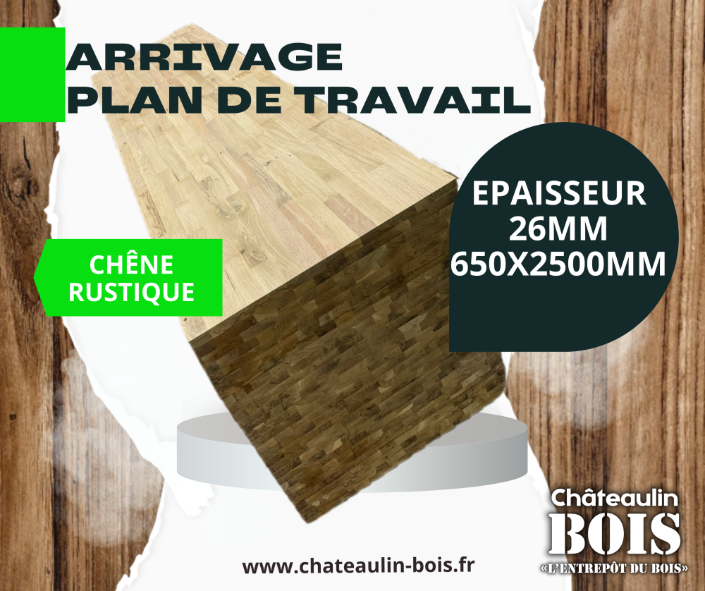 Plan de travail en Chêne rustique 26x650x2500mm